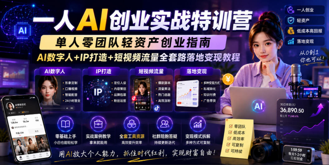 一人AI创业实战特训营，单人零团队轻资产创业指南，AI数字人+IP打造+短视频流量全套路落地变现教程-知享资源网