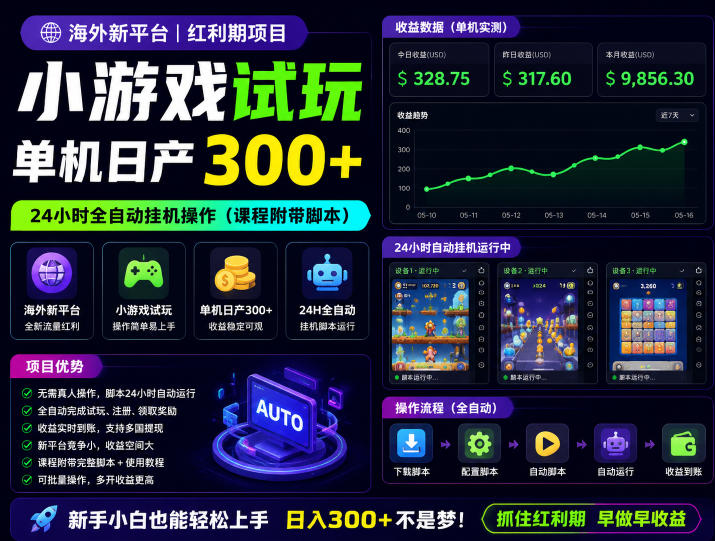 海外新平台，小游戏试玩，单机日产300+，24小时全自动挂G操作（课程附带脚本）【揭秘】-知享资源网