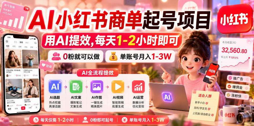 AI小红书商单起号项目，用AI提效,每天1-2小时即可，0粉就可以做，单账号月入1-3W-知享资源网