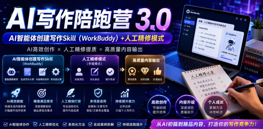 AI写作陪跑营3.0，Ai智能体创建写作skill（workbuddy）+人工手写模式（手搓模式），去除AI痕迹（头条号、公众号、百家号）-知享资源网