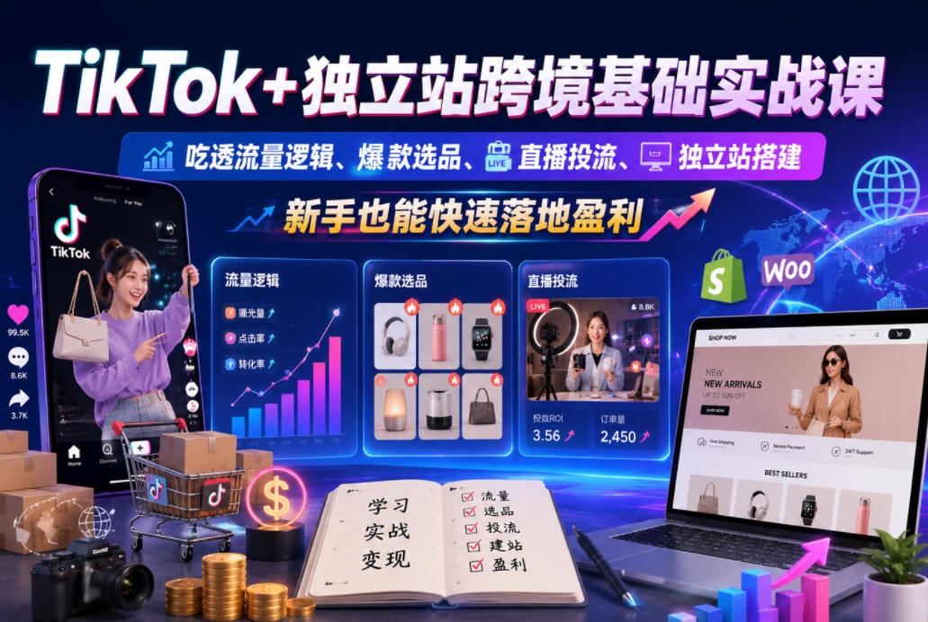TikTok+独立站跨境基础实战课，吃透流量逻辑、爆款选品、直播投流与独立站搭建，新手也能快速落地盈利-知享资源网