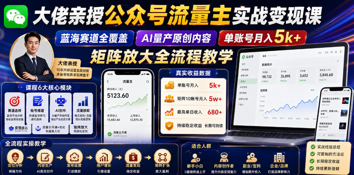 大佬亲授公众号流量主实战变现课，蓝海赛道全覆盖，AI量产原创内容，单账号月入5k+矩阵放大全流程教学-知享资源网