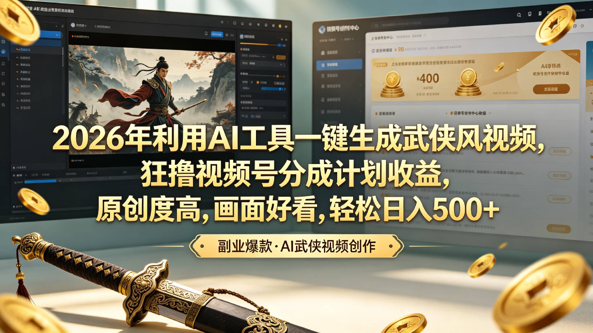2026年利用AI工具一键生成武侠风视频，狂撸视频号分成计划收益，原创度高，画面好看，轻松日入500+-知享资源网