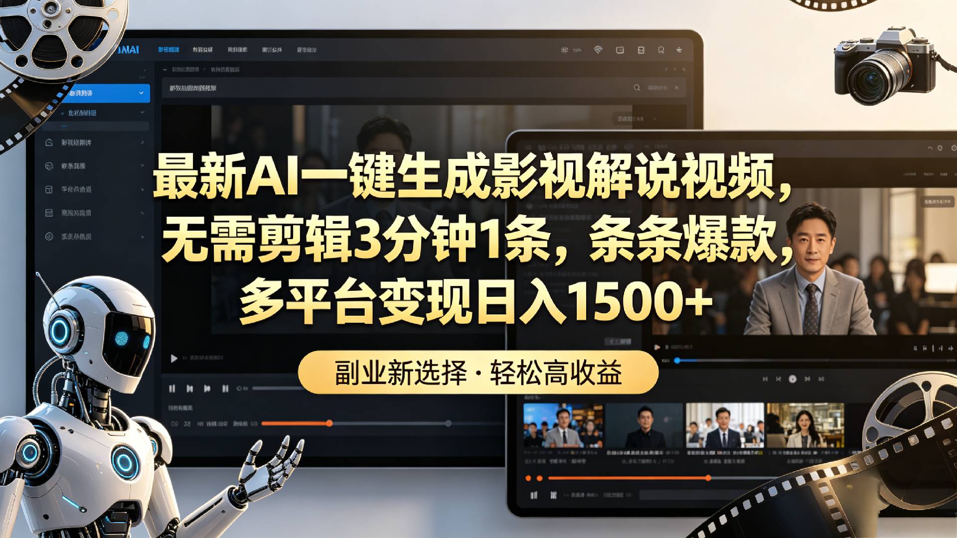 最新AI一键生成影视解说视频,无需剪辑3分钟1条,条条爆款,多平台变现日入1500+-知享资源网