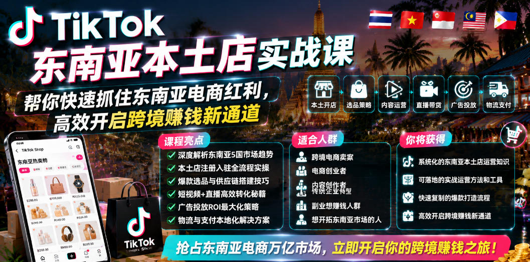 TikTok东南亚本土店实战课，帮你快速抓住东南亚电商红利，高效开启跨境賺钱新通道-知享资源网