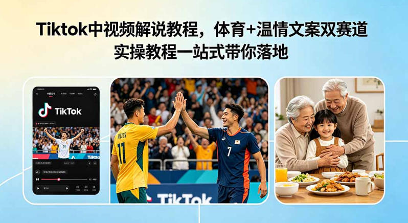 Tiktok中视频解说教程，体育+温情文案双赛道实操教程一站式带你落地，教你出海賺美刀-知享资源网