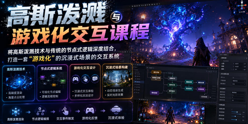 高斯泼溅与游戏化交互课程，将高斯泼溅技术与传统的节点式逻辑深度结合，打造一套“游戏化”的沉浸式场景的交互系统-知享资源网