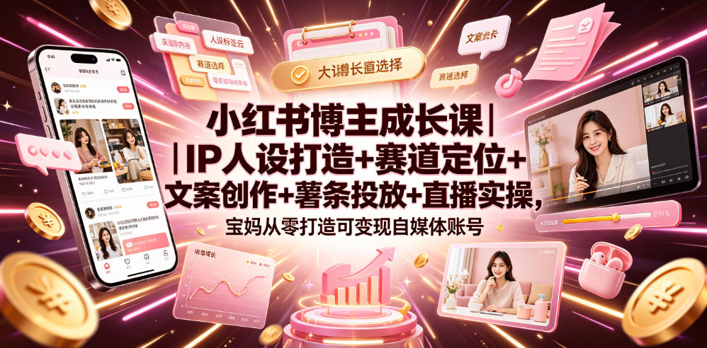 小红书博主成长课｜IP人设打造+赛道定位+文案创作+薯条投放+直播实操，宝妈从零打造可变现自媒体账号-知享资源网