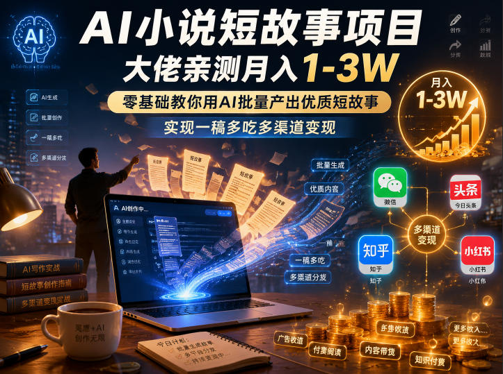AI小说短故事项目，大佬亲测月入1-3W，零基础教你用AI批量产出优质短故事，实现一稿多吃多渠道变现-知享资源网