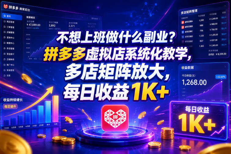 不想上班做什么副业？拼多多虚拟店系统化教学，多店矩阵放大，每日收益1K+【揭秘】-知享资源网