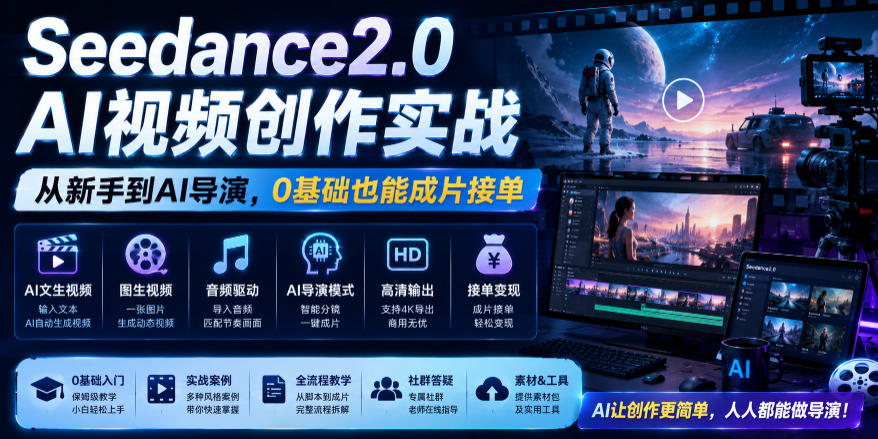 Seedance2.0 AI视频创作实战，从新手到AI导演，0基础也能成片接单变现-知享资源网