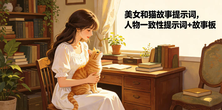 美女和猫故事提示词，人物一致性提示词+故事板-知享资源网