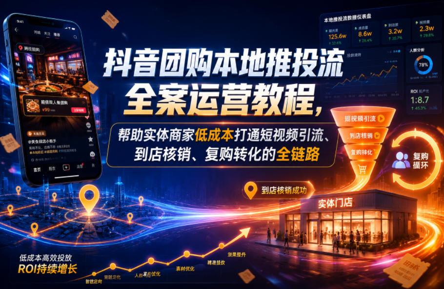 抖音团购本地推投流全案运营教程，帮助实体商家低成本打通短视频引流、到店核销、复购转化的全链路-知享资源网