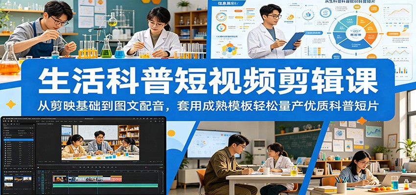 生活科普短视频剪辑课：从剪映基础到图文配音，套用成熟模板轻松量产优质科普短片-知享资源网