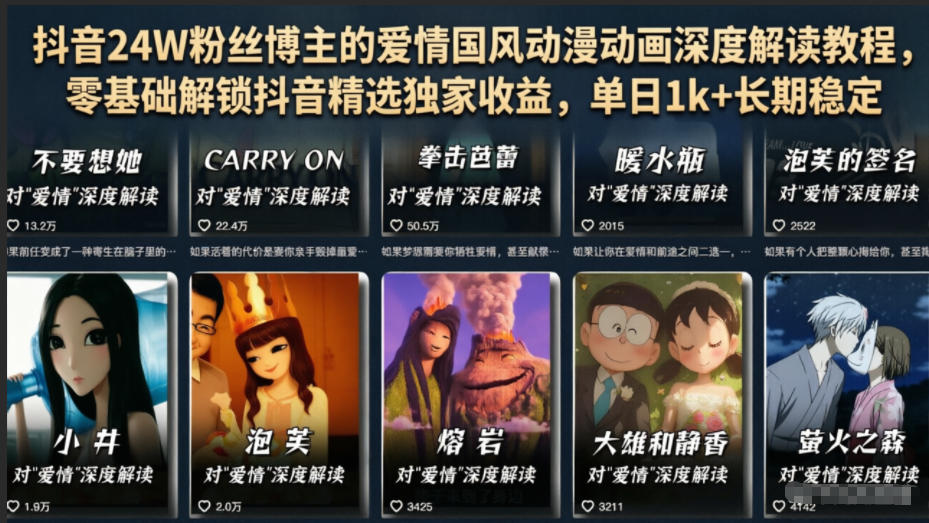 抖音24W粉丝博主的爱情国风动漫动画深度解读教程，零基础解锁抖音精选独家收益，单日1k+长期稳定-知享资源网