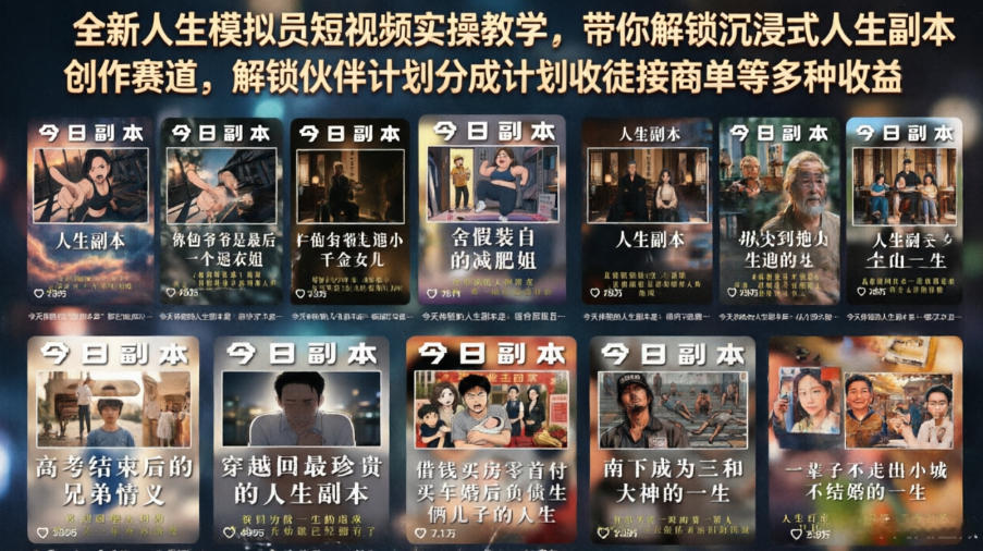 全新人生模拟员短视频实操教学，带你解锁沉浸式人生副本创作赛道，解锁伙伴计划分成计划收徒接商单等多种收益-知享资源网