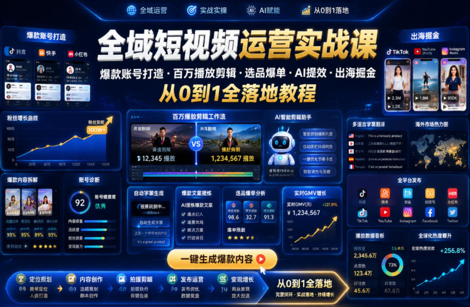 全域短视频运营实战课，爆款账号打造・百万播放剪辑・选品爆单・AI提效・出海掘金，从0到1全落地教程-知享资源网