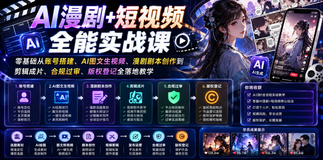 AI漫剧+短视频全能实战课｜零基础从账号搭建、AI图文生视频、漫剧剧本创作到剪辑成片、合规过审、版权登记全落地教学-知享资源网