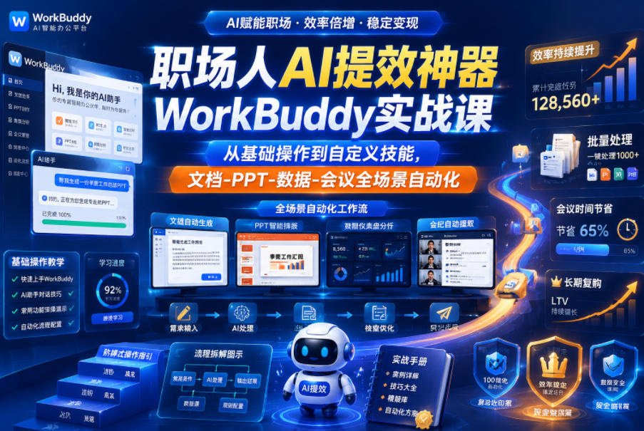 职场人AI提效神器WorkBuddy实战课，从基础操作到自定义技能，文档-PPT-数据-会议全场景自动化-知享资源网