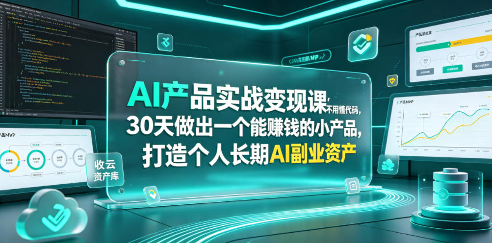 AI产品实战变现课，不用懂代码，30天做出一个能賺钱的小产品，打造个人长期AI副业资产（更新）-知享资源网