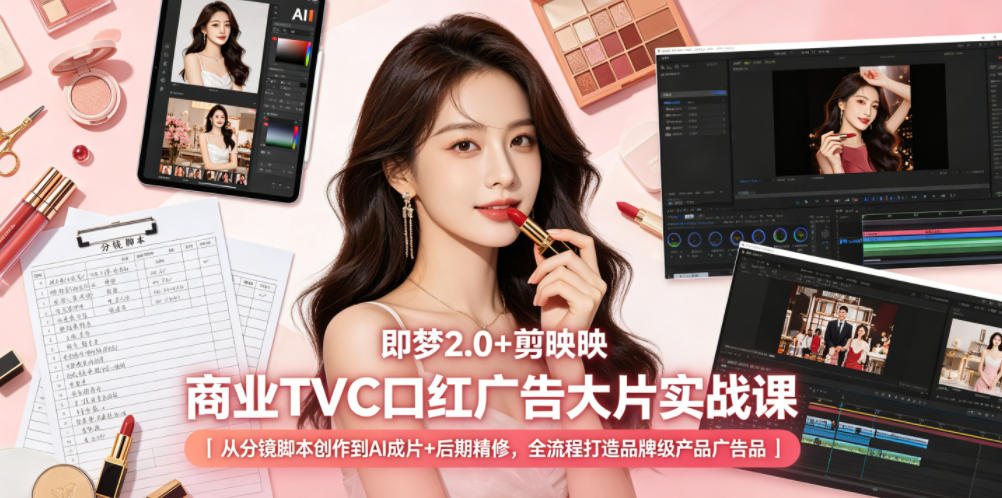 即梦2.0+剪映商业TVC口红广告大片实战课｜从分镜脚本创作到AI成片+后期精修，全流程打造品牌级产品广告-知享资源网