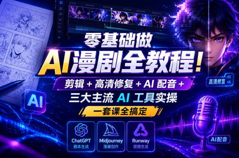 零基础做AI漫剧全教程！剪辑+高清修复+AI配音+三大主流AI工具实操，一套课全搞定-知享资源网