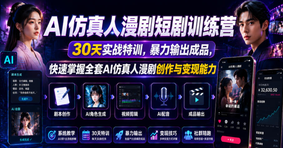 AI仿真人漫剧短剧训练营，30天实战特训，暴力输出成品，快速掌握全套AI仿真人漫剧创作与变现能力-知享资源网