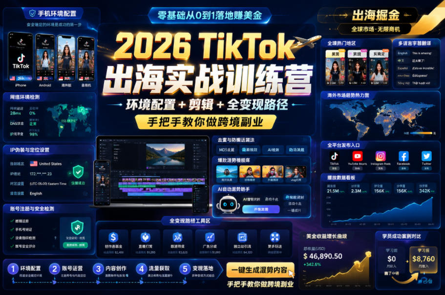 2026 TikTok出海实战训练营，环境配置 + 剪辑 + 全变现路径，手把手教你做跨境副业-知享资源网