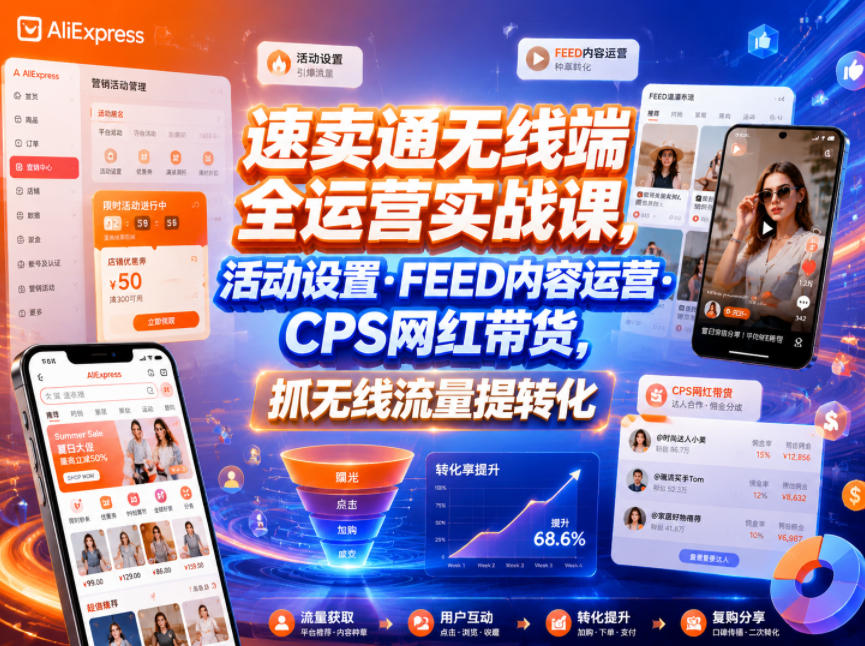 速卖通无线端全运营实战课，活动设置・FEED内容运营・CPS网红带货，抓无线流量提转化-知享资源网