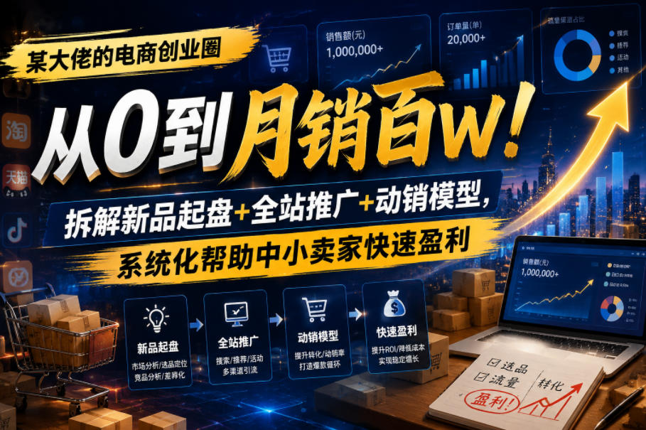 某大佬的电商创业圈从0到月销百W！拆解新品起盘+全站推广+动销模型，系统化帮助中小卖家快速盈利-知享资源网