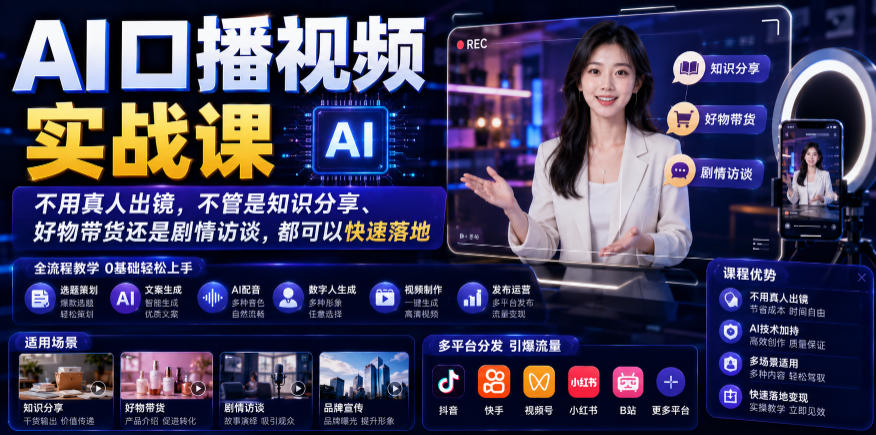 AI口播视频实战课，不用真人出镜，不管是知识分享、好物带货还是剧情访谈，都可以快速落地-知享资源网