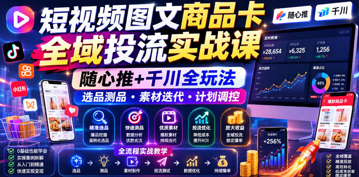 短视频图文商品卡全域投流实战课，随心推+千川全玩法，选品测品・素材迭代・计划调控，提升ROI爆单增收教程-知享资源网