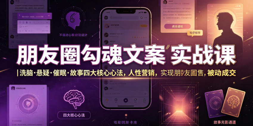 朋友圈勾魂文案实战课｜洗脑·悬疑·催眠·故事四大核心心法，吃透人性营销，实现朋友圈不销而售被动成交-知享资源网