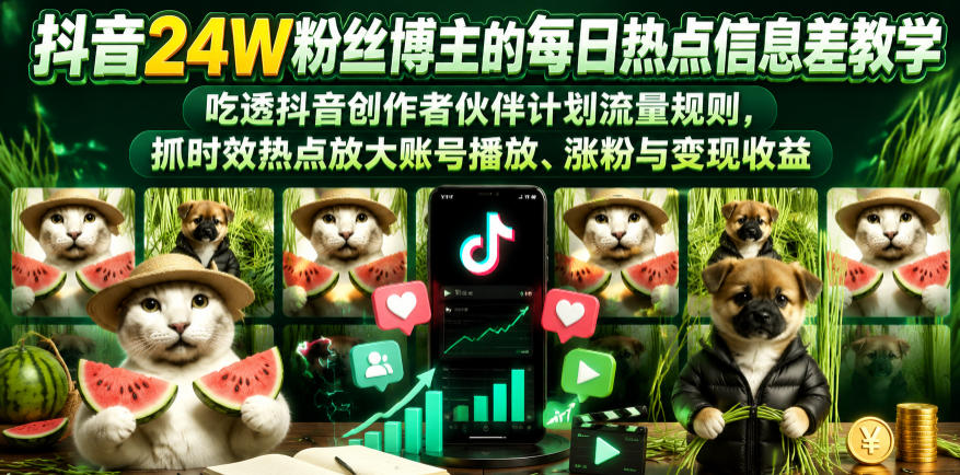 抖音24W粉丝博主的每日热点信息差教学，吃透创作者伙伴计划流量规则，抓时效热点放大账号播放、涨粉与变现收益-知享资源网