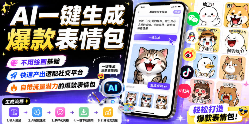 AI一键生成爆款表情包，不用绘画基础，快速产出适配社交平台，自带流量潜力的爆款表情包-知享资源网