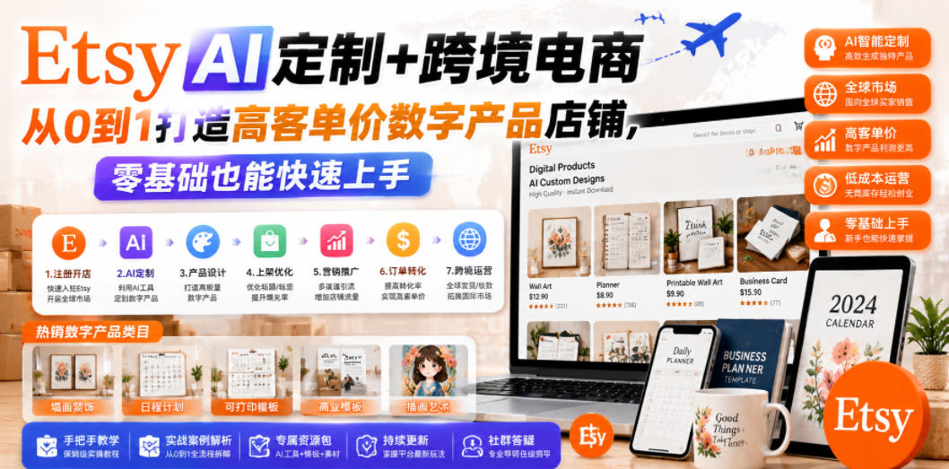 Etsy AI定制+跨境电商，从0到1打造高客单价数字产品店铺，零基础也能快速上手-知享资源网
