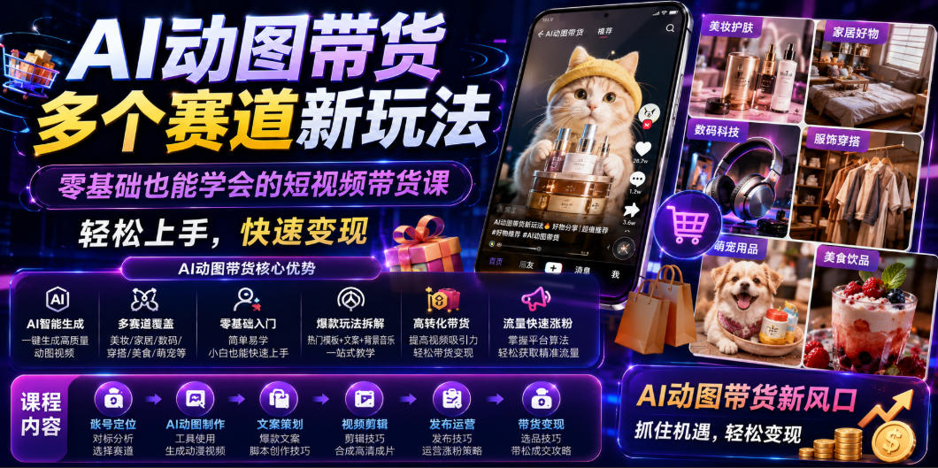 AI动图带货多个赛道新玩法，零基础也能学会的短视频带货课，轻松上手，快速变现-知享资源网