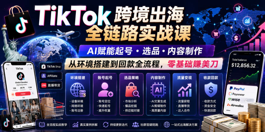TikTok跨境出海全链路实战课，AI赋能起号・选品・内容制作，从环境搭建到回款全流程，零基础賺美刀-知享资源网