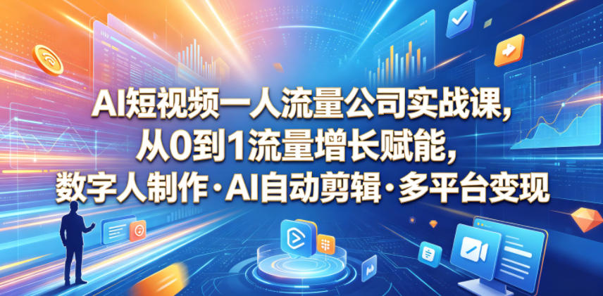 AI短视频一人流量公司实战课，从0到1流量增长赋能，数字人制作・AI自动剪辑・多平台变现，一人做流量生意全落地教程-知享资源网