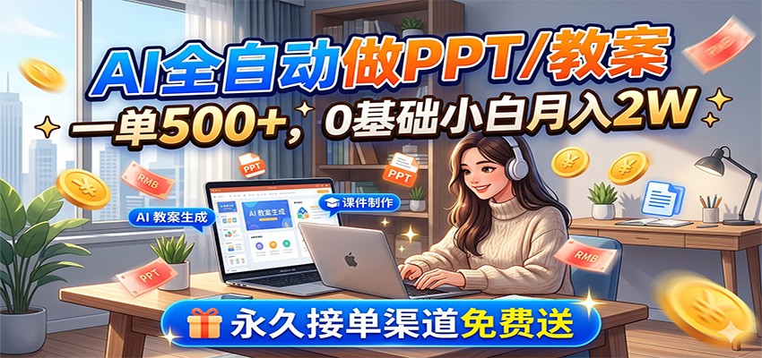 AI全自动做PPT/教案，一单500+，0基础小白月入2W，永久接单渠道免费送-知享资源网