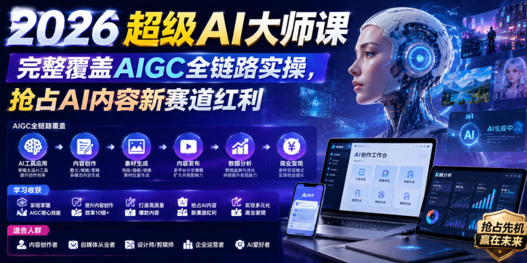 2026超级AI大师课，完整覆盖AIGC全链路实操，抢占AI内容新赛道红利-知享资源网