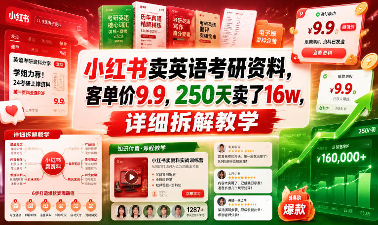 小红书卖英语考研资料，客单价9.9，250天卖了16w，详细拆解教学-知享资源网
