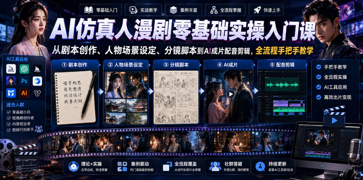 AI仿真人漫剧零基础实操入门课，从剧本创作、人物场景设定、分镜脚本到AI成片配音剪辑，全流程手把手教学-知享资源网