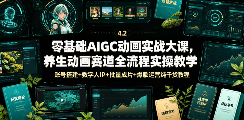 零基础AIGC动画实战大课，养生动画赛道全流程实操教学，账号搭建+数字人IP+批量成片+爆款运营纯干货教程-知享资源网