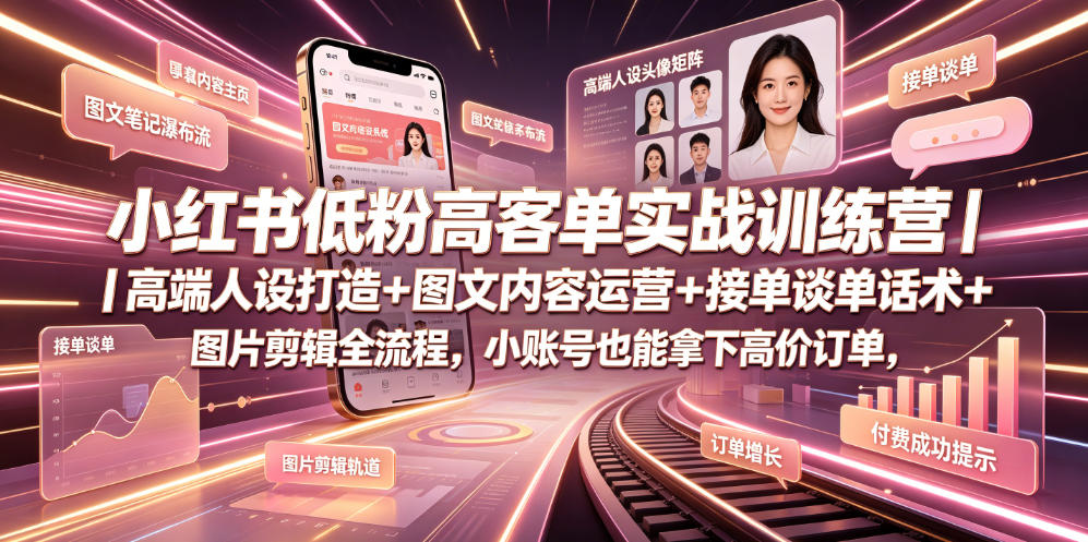 小红书低粉高客单实战训练营｜高端人设打造+图文内容运营+接单谈单话术+图片剪辑全流程，小账号也能拿下高价订单-知享资源网