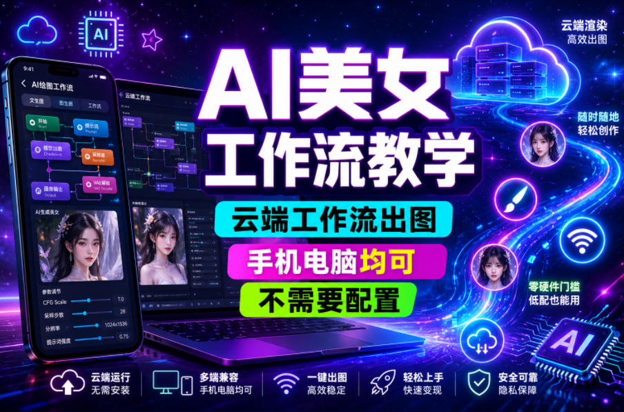 AI美女工作流教学，云端工作流出图，手机电脑均可，不需要配置，快速起号涨粉-知享资源网