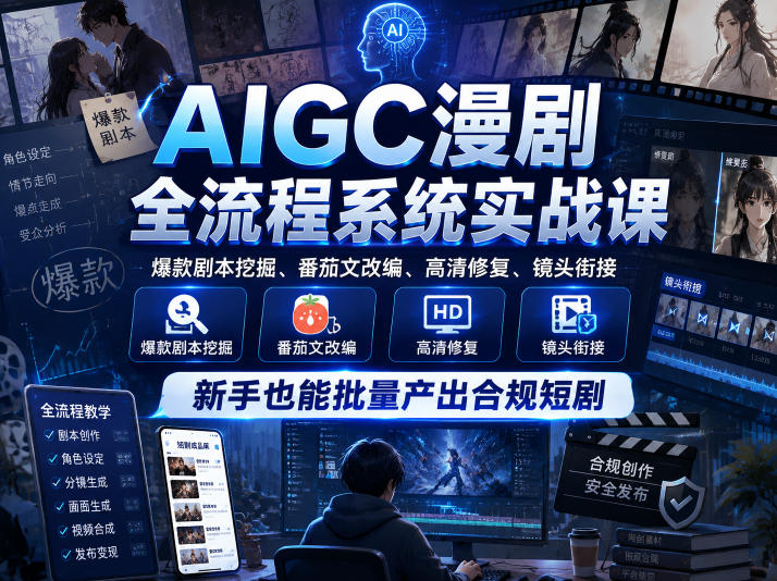 AIGC漫剧全流程系统实战课，爆款剧本挖掘、番茄文改编、高清修复、镜头衔接，新手也能批量产出合规短剧-知享资源网
