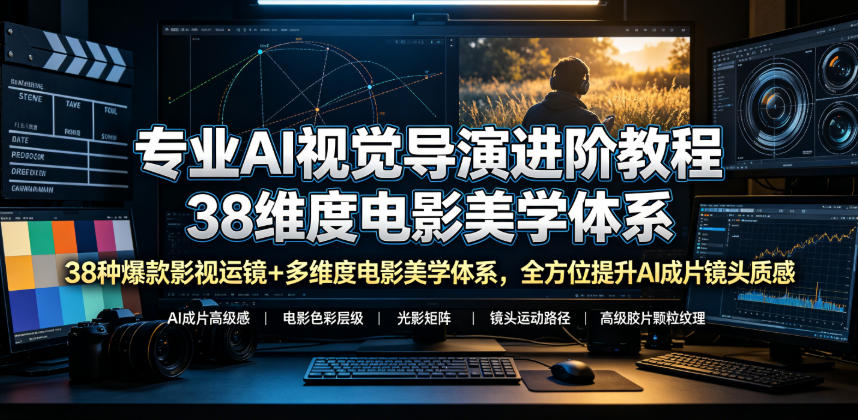 专业AI视觉导演进阶教程，38种爆款影视运镜+多维度电影美学体系，全方位提升AI成片高级感与镜头质感-知享资源网