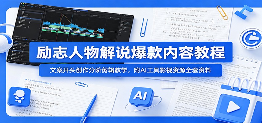 励志人物解说爆款内容教程：文案开头创作分阶剪辑教学，附AI 工具影视资源全套资料-知享资源网