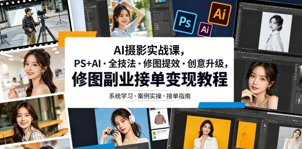 AI摄影实战课，PS+AI・全技法・修图提效・创意升级，修图副业接单变现教程-知享资源网
